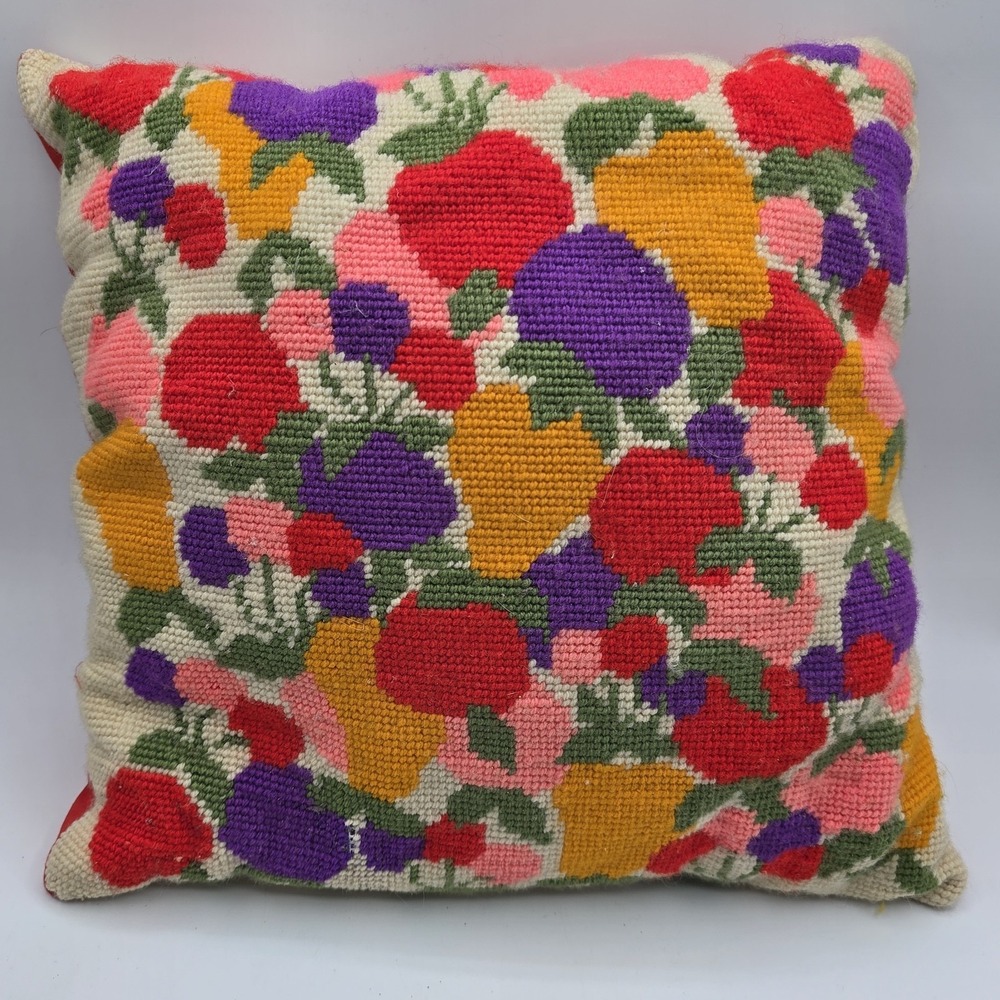 Vintage Colorful 1960's Fruit Colorful Bright Flowers Needlepoint‎ Pillow